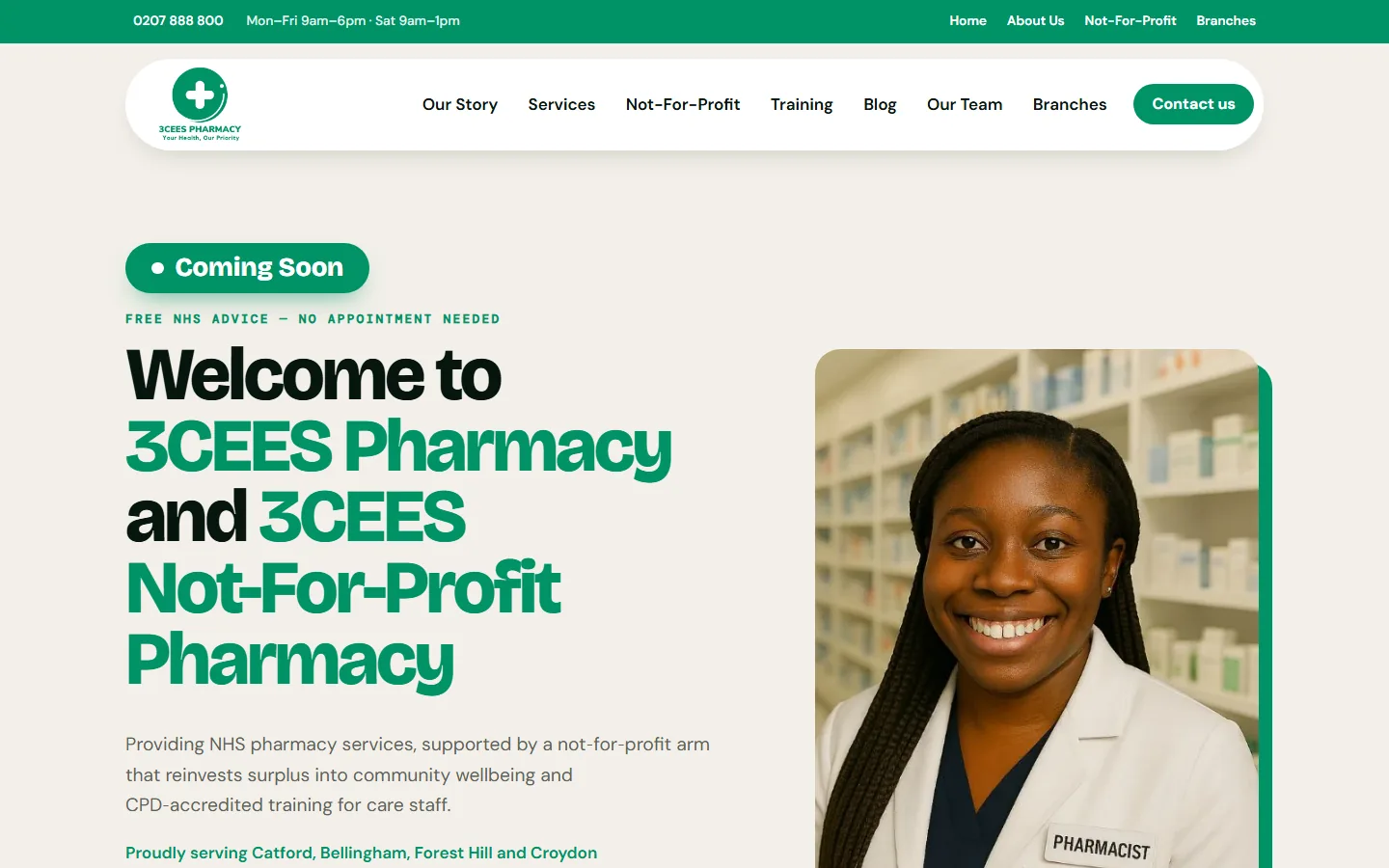 3CEES Pharmacy - Community NHS & Not-For-Profit Pharmacy Website, Catford — solution design